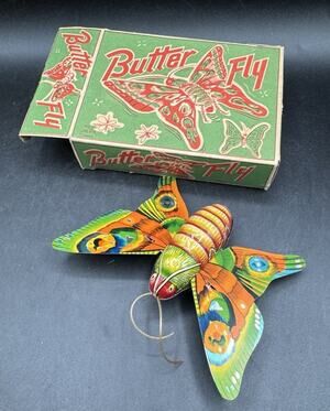 1950s ALPS Tin Friction Butterfly Made Japan Karakuri Period W Original Box -T24